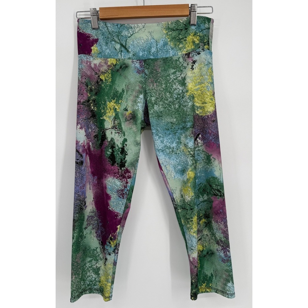 Onzie Womens Abstract Sky Print Capri Leggings Green Purple High Rise Sz M/L